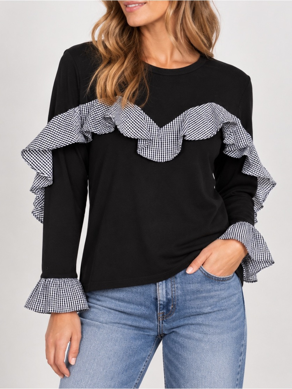 Anthropologie Drew Black Long Sleeve Shirt Gingham Print Ruffle Top Black XS